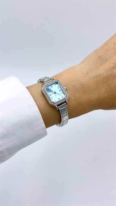 Kare Sılver Taşlı Turkuaz Kadranlı Numunatıon Kordonlu  Saat