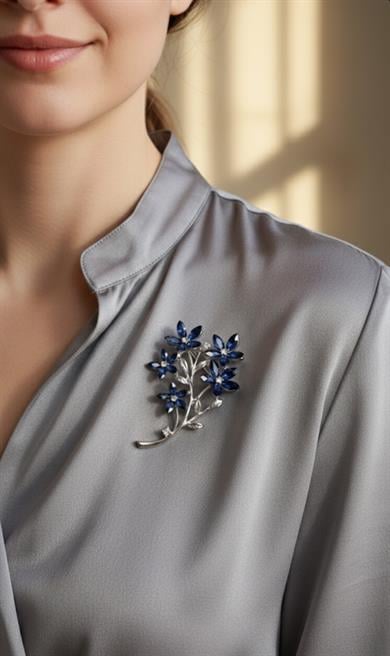 Mavi Çiçek Dalı Model Broş