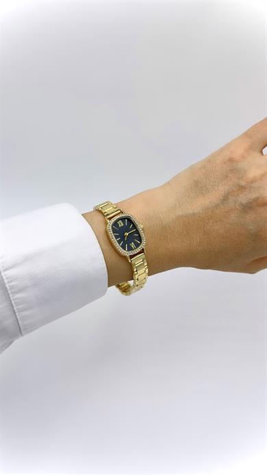 Oval Gold Taşlı Siyah Kadranlı Saat