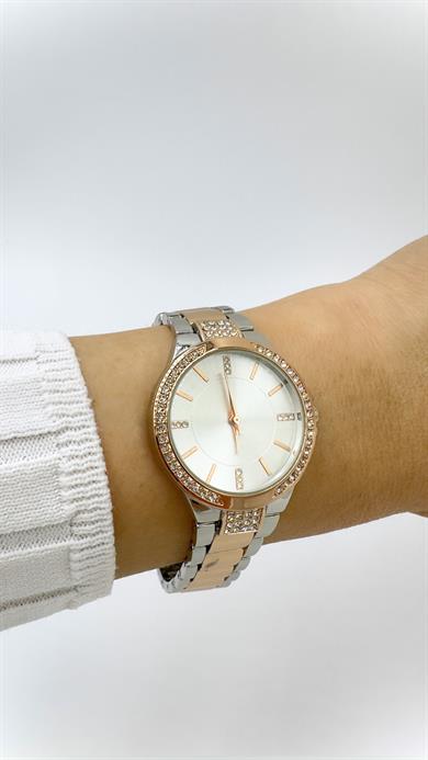 Rose/ Sılver Taşlı Beyaz Kadranlı Saat