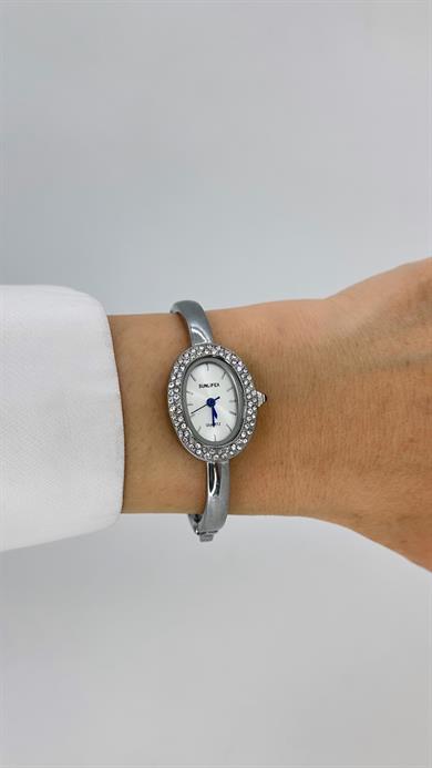 Silver Beyaz Kadranlı Taşlı Kelepçe Saat