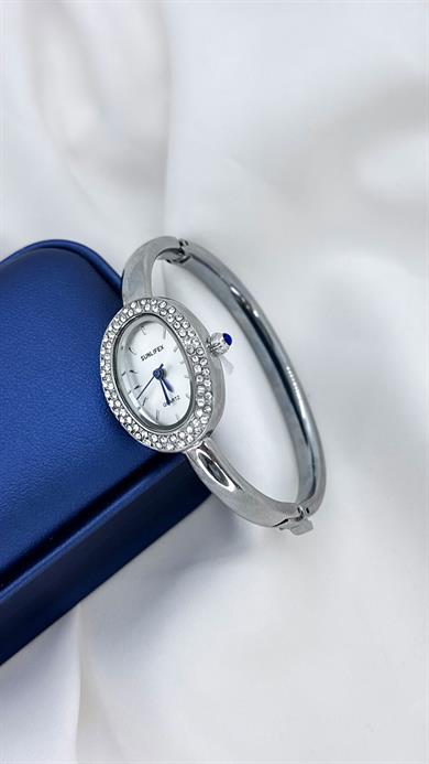 Silver Beyaz Kadranlı Taşlı Kelepçe Saat