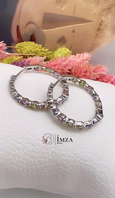 Vip Silver Renkli Taşlı Büyük Halka Küpe