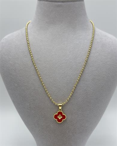 Vp 14 K Altın Kaplama Dorikalı Kırmızı Yoncalı Kolye 45cm