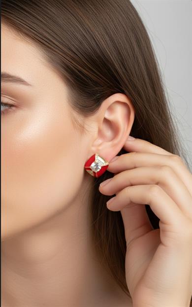 Vp Rose Kırmızı Taşlı Kare Model Küpe