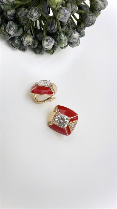 Vp Rose Kırmızı Taşlı Kare Model Küpe