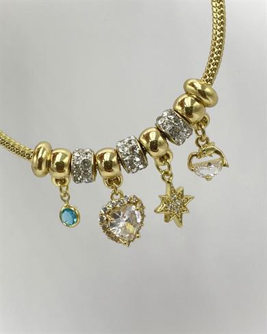 Çelik 14 K Altın Kaplama Kalp Charmlı Bileklik