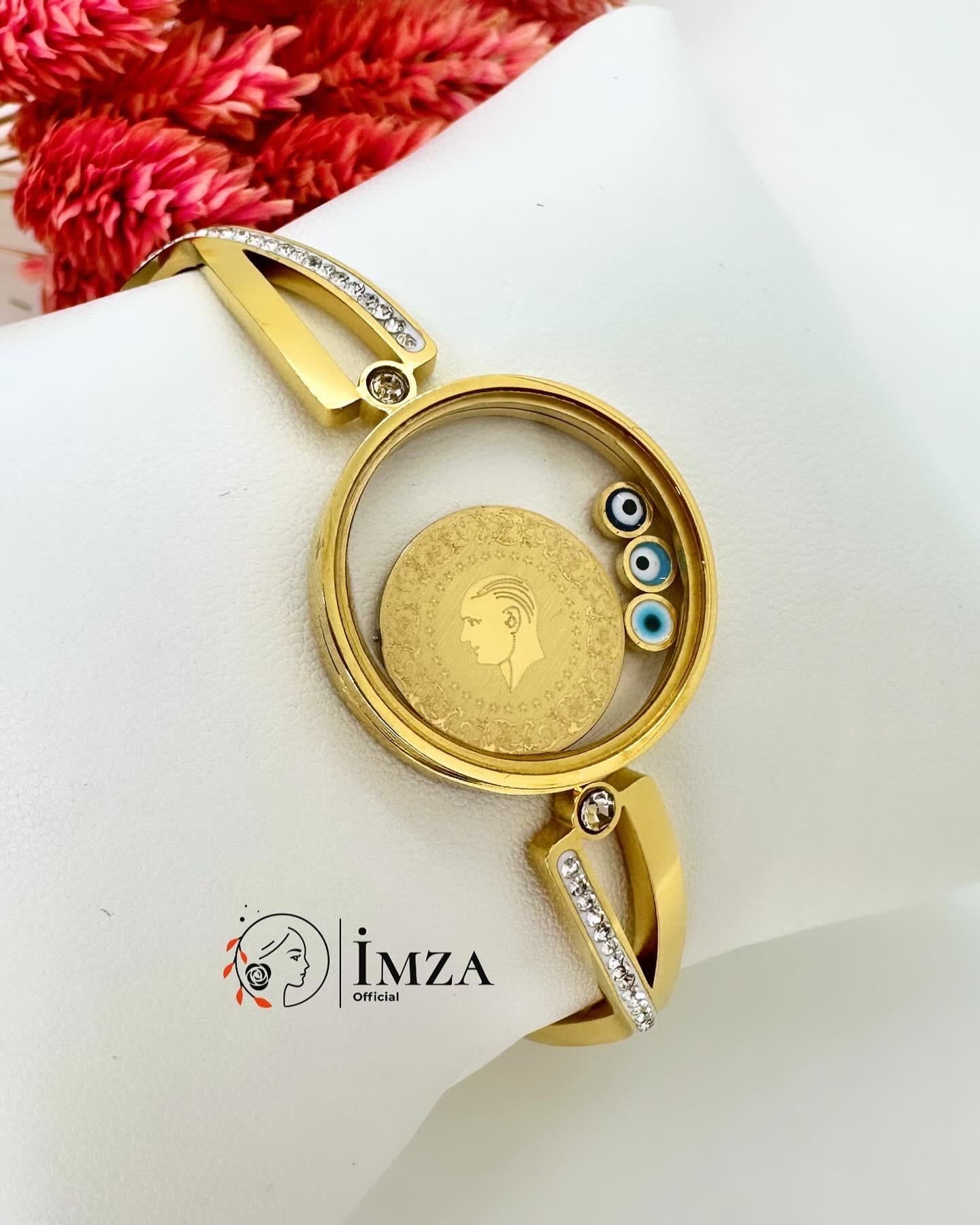 Cam Çerçeveli Çelik Üzeri Altın Kaplama Altınlı Kelepçe Bileklik