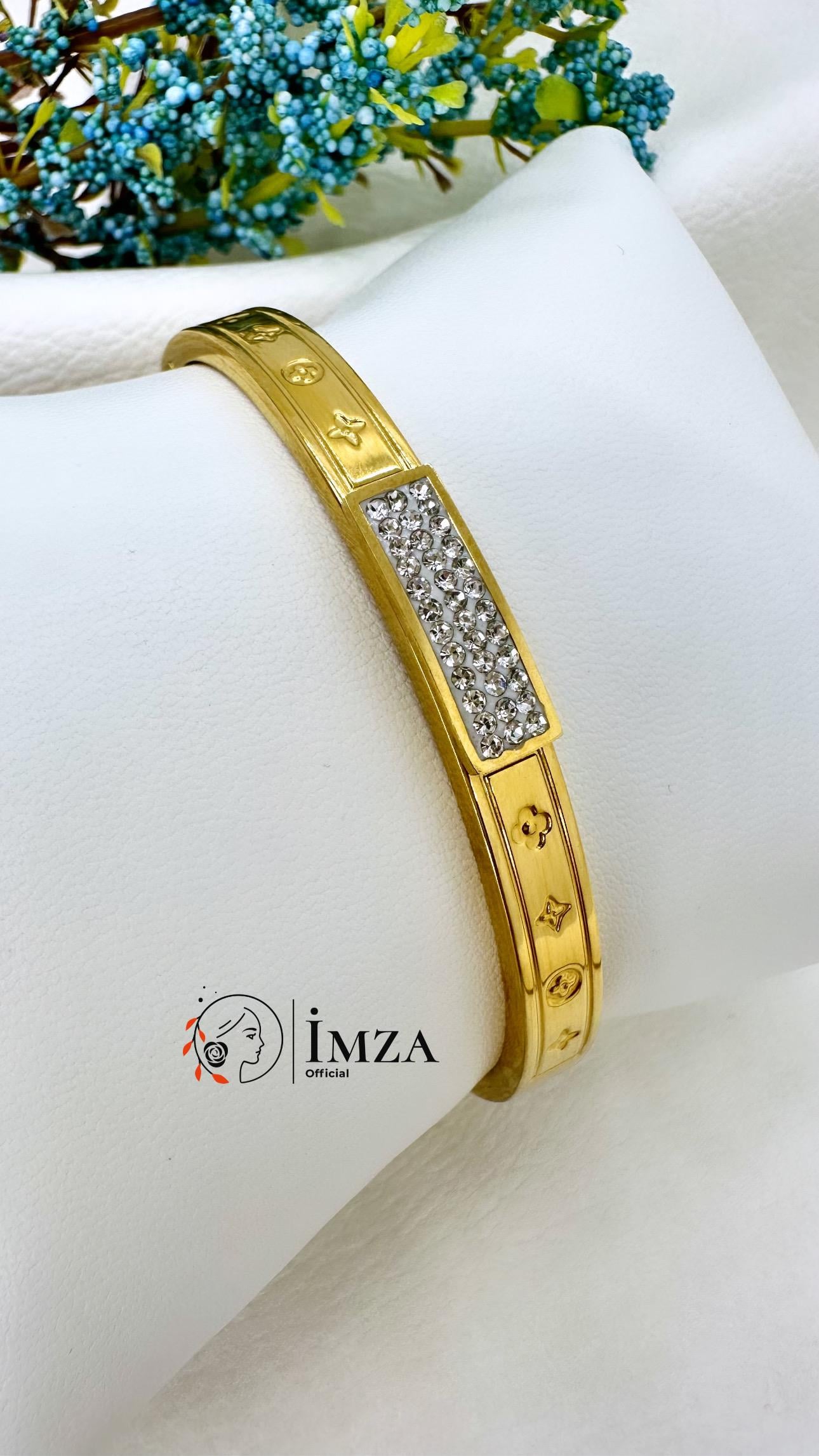 Çelik Altın Kaplama Yonca Desenli Taşlı Kelepçe Bileklik