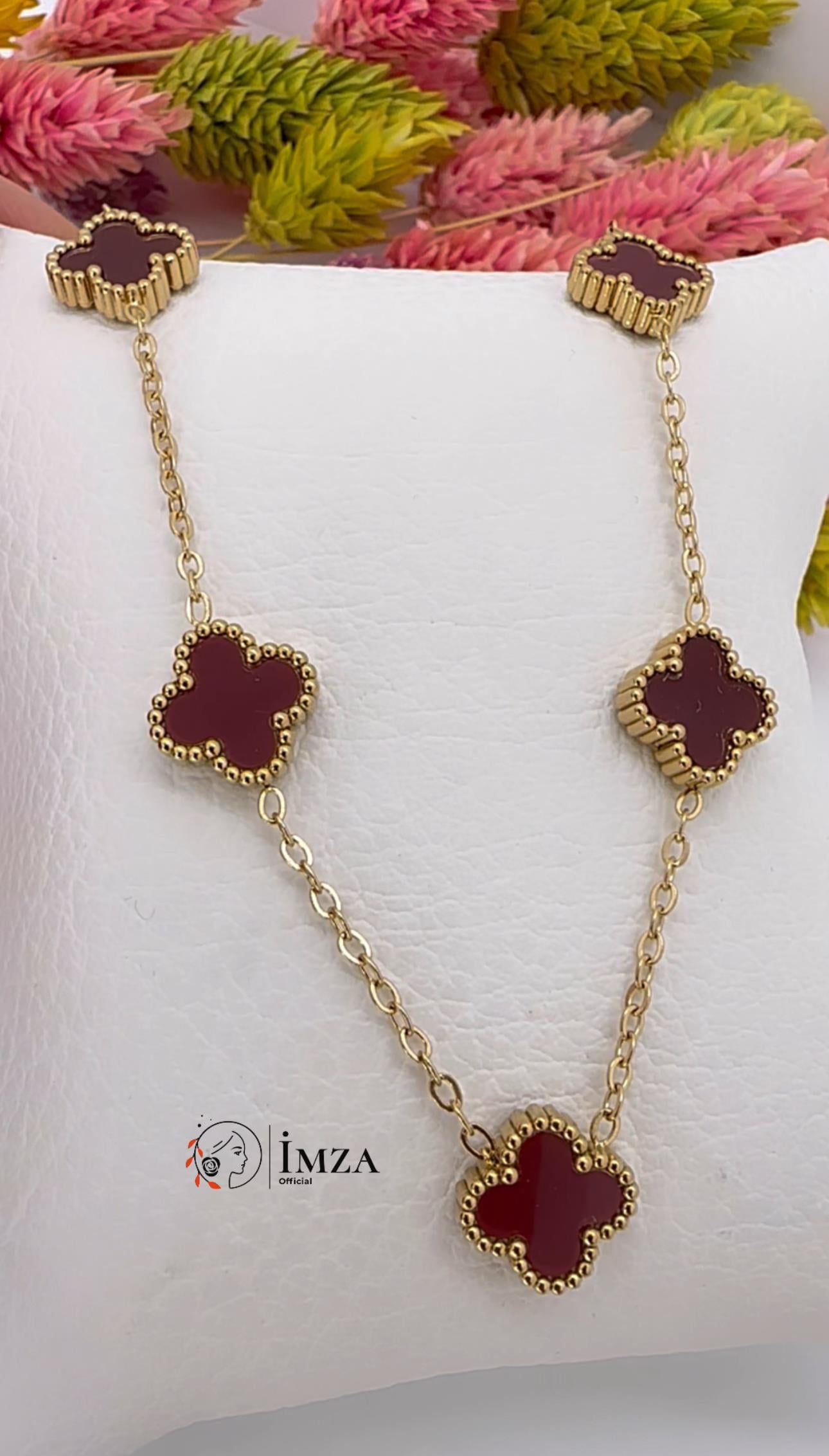 Çelik Van Clef Bordo Gold Kolye