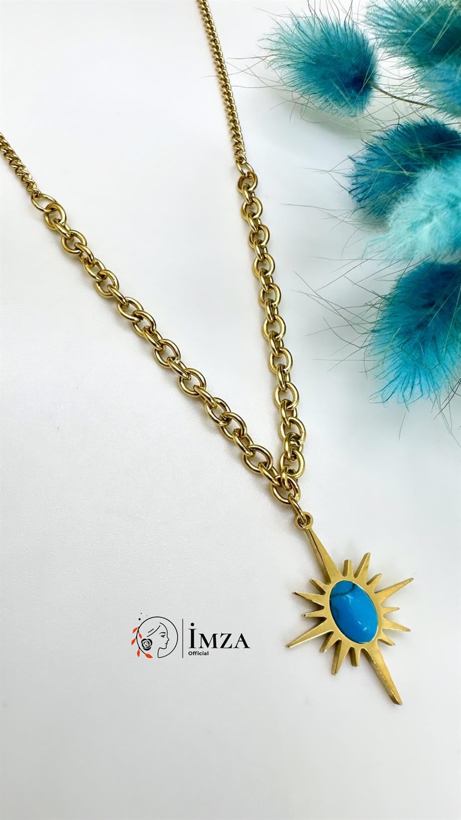 Firuze Detaylı Çelik Kolye