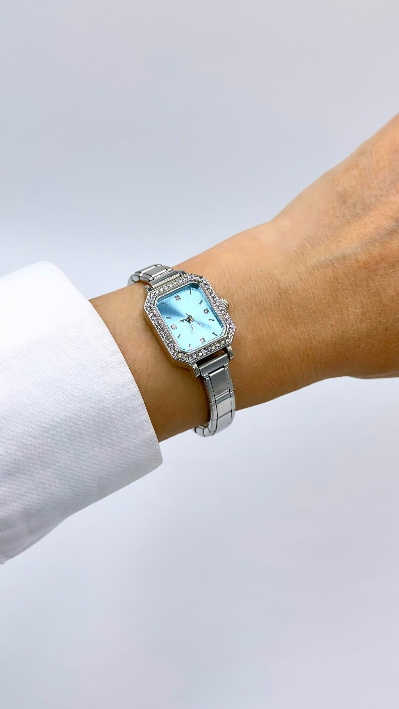 Kare Sılver Taşlı Turkuaz Kadranlı Numunatıon Kordonlu  Saat