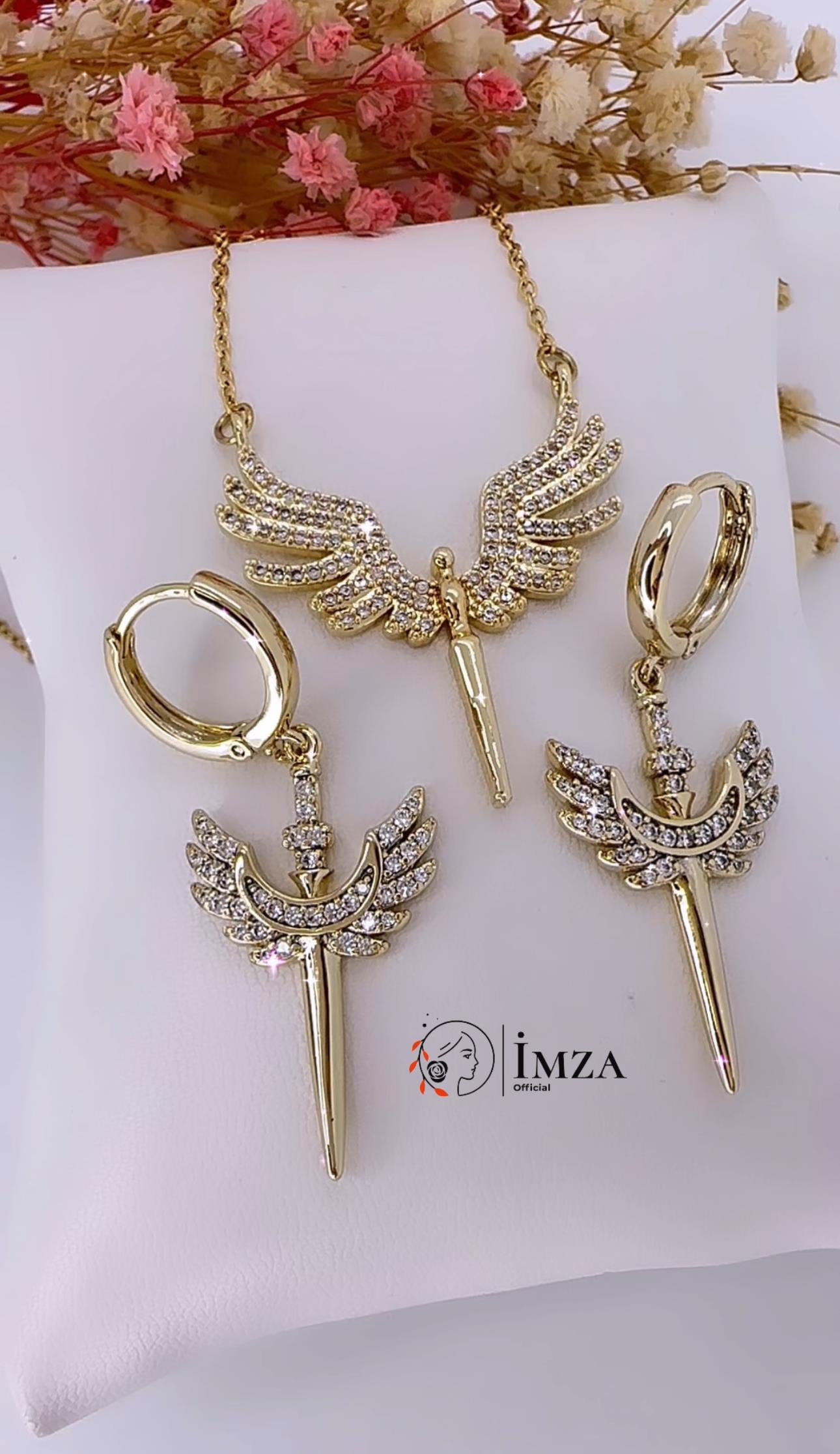 Melek Kanadı Çelik Kolye Ve Küpe Takımı