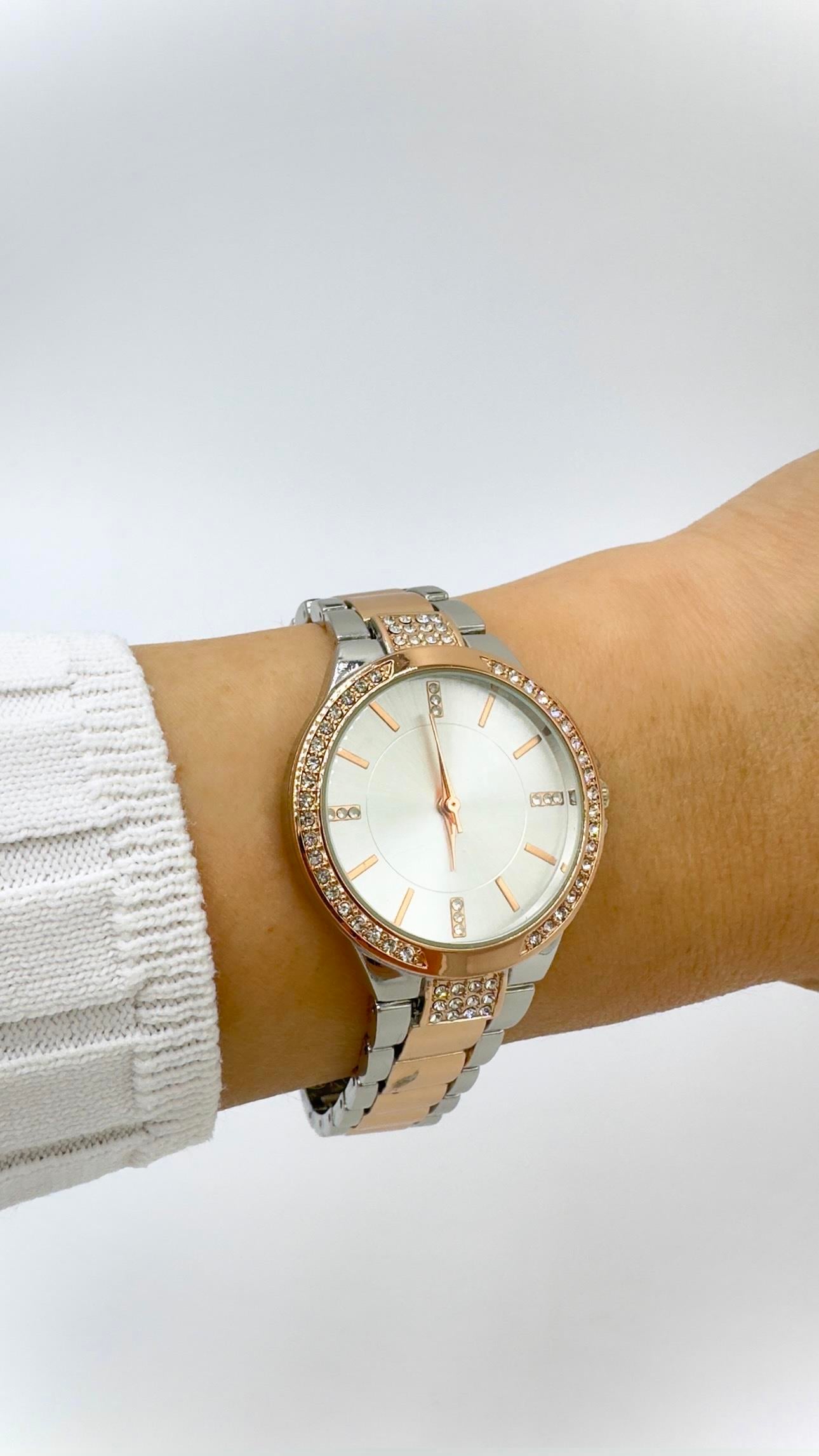 Rose/ Sılver Taşlı Beyaz Kadranlı Saat