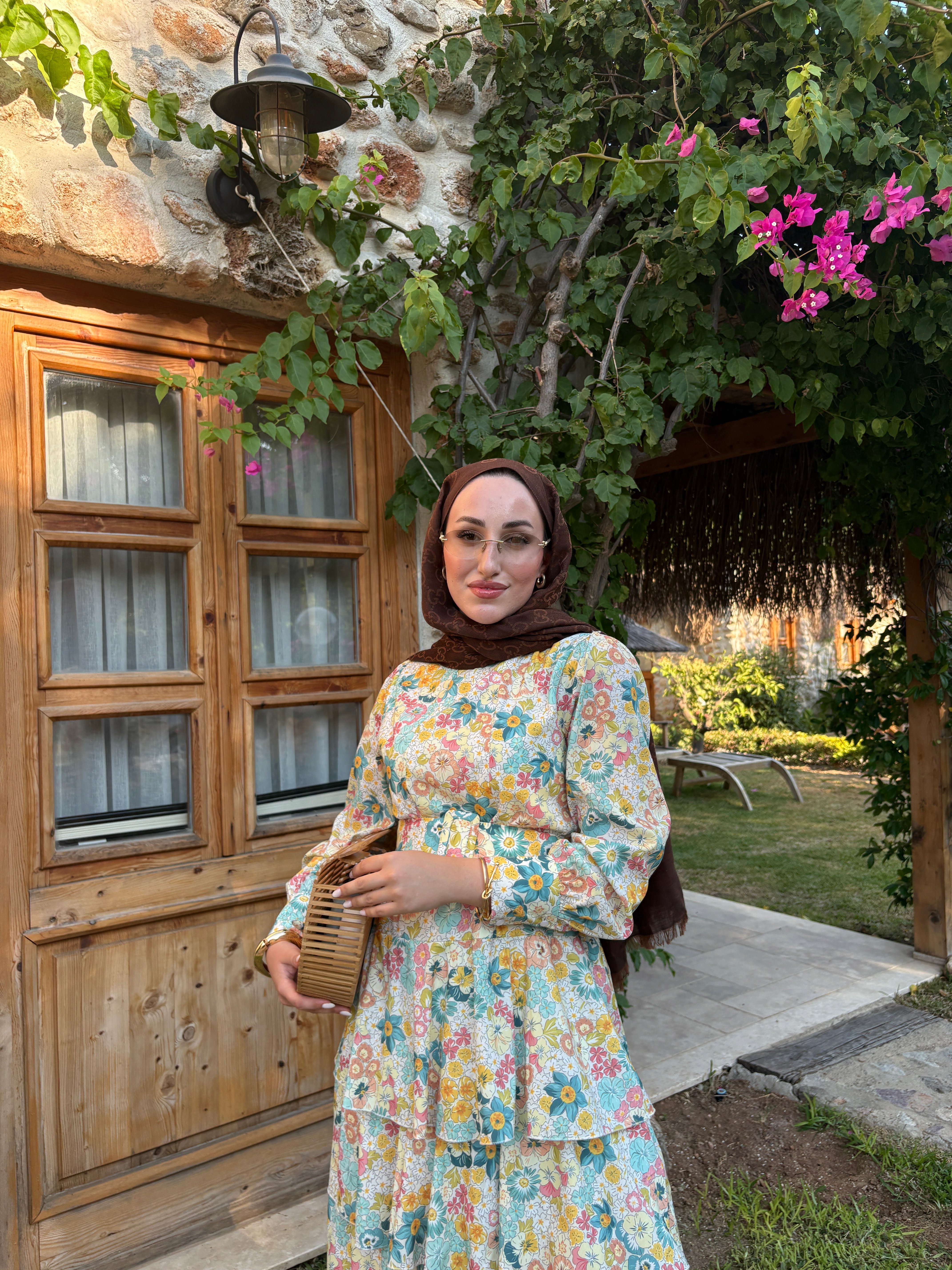 Alessa Kemerli Çiçek Desenli Keten Elbise - Sarı 