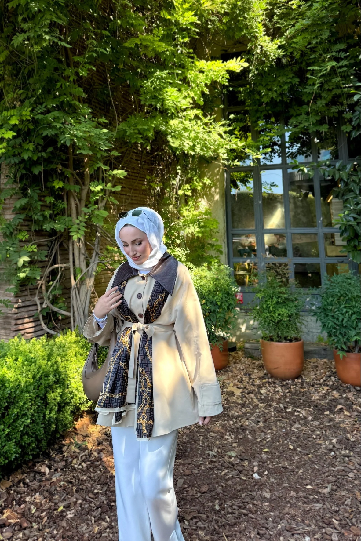 Tesettür Deri Yakalı Trenç-Bej 