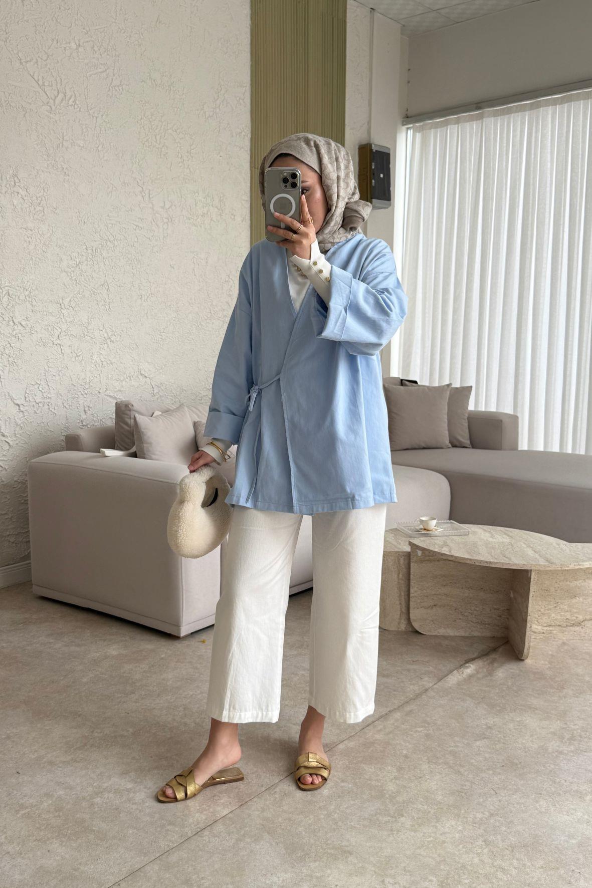 Keten yandan bağlamalı kimono-bebe mavisi - vakronline