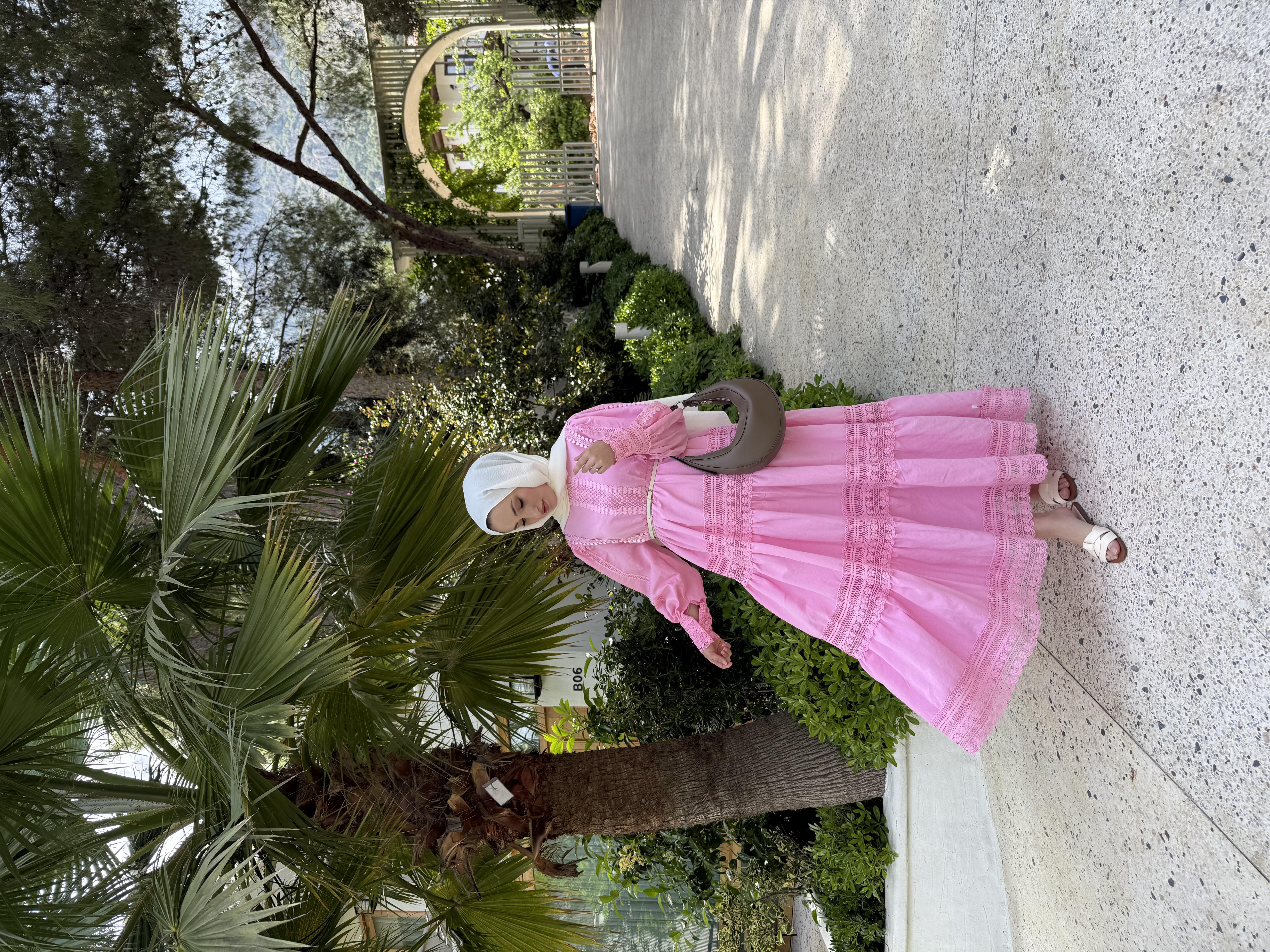 Dantel Detaylı Elbise-pembe