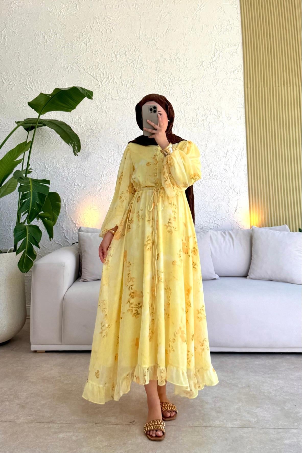 Senra Asimetrik Kesim Elbise - SARI