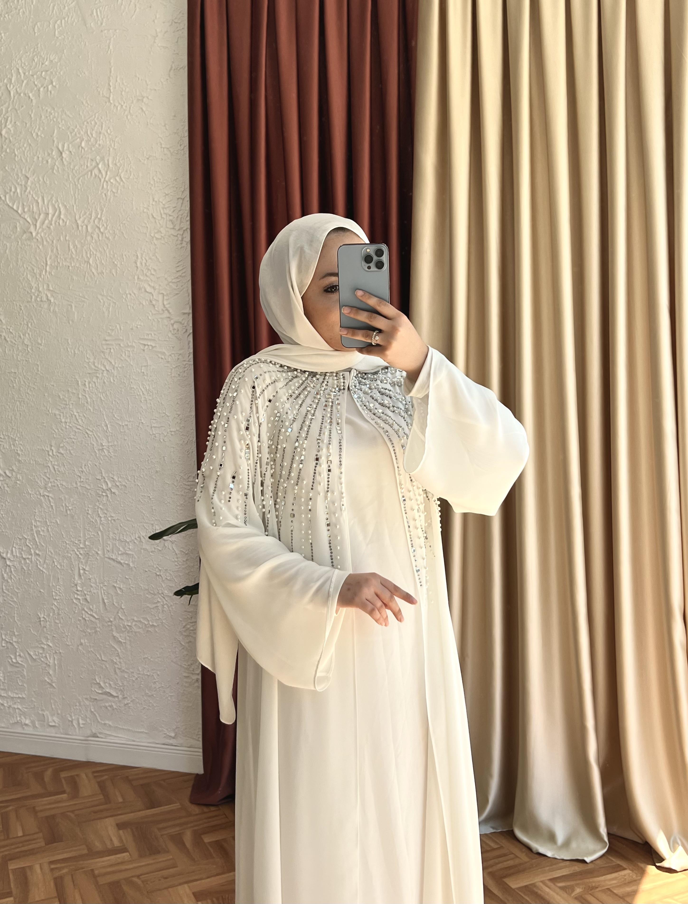 Taşli beyaz şi̇fon abaya elbi̇se - vakronline