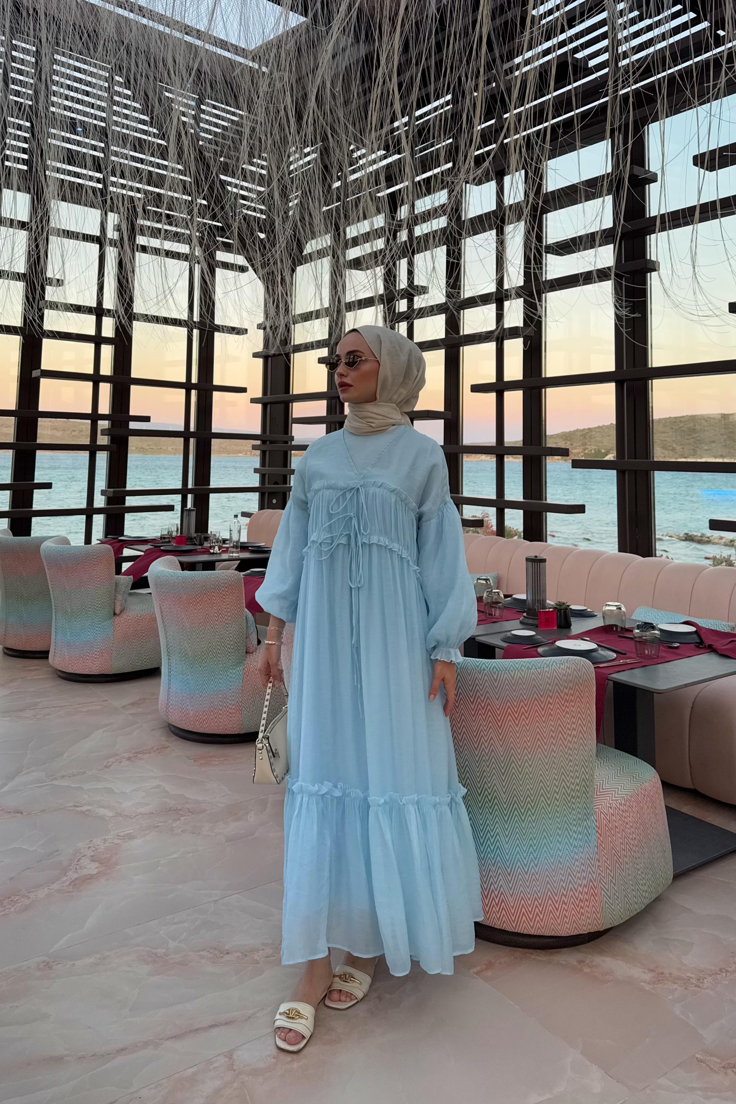 Tesettür Brice Özel Seri Bağlamalı Elbise-blue