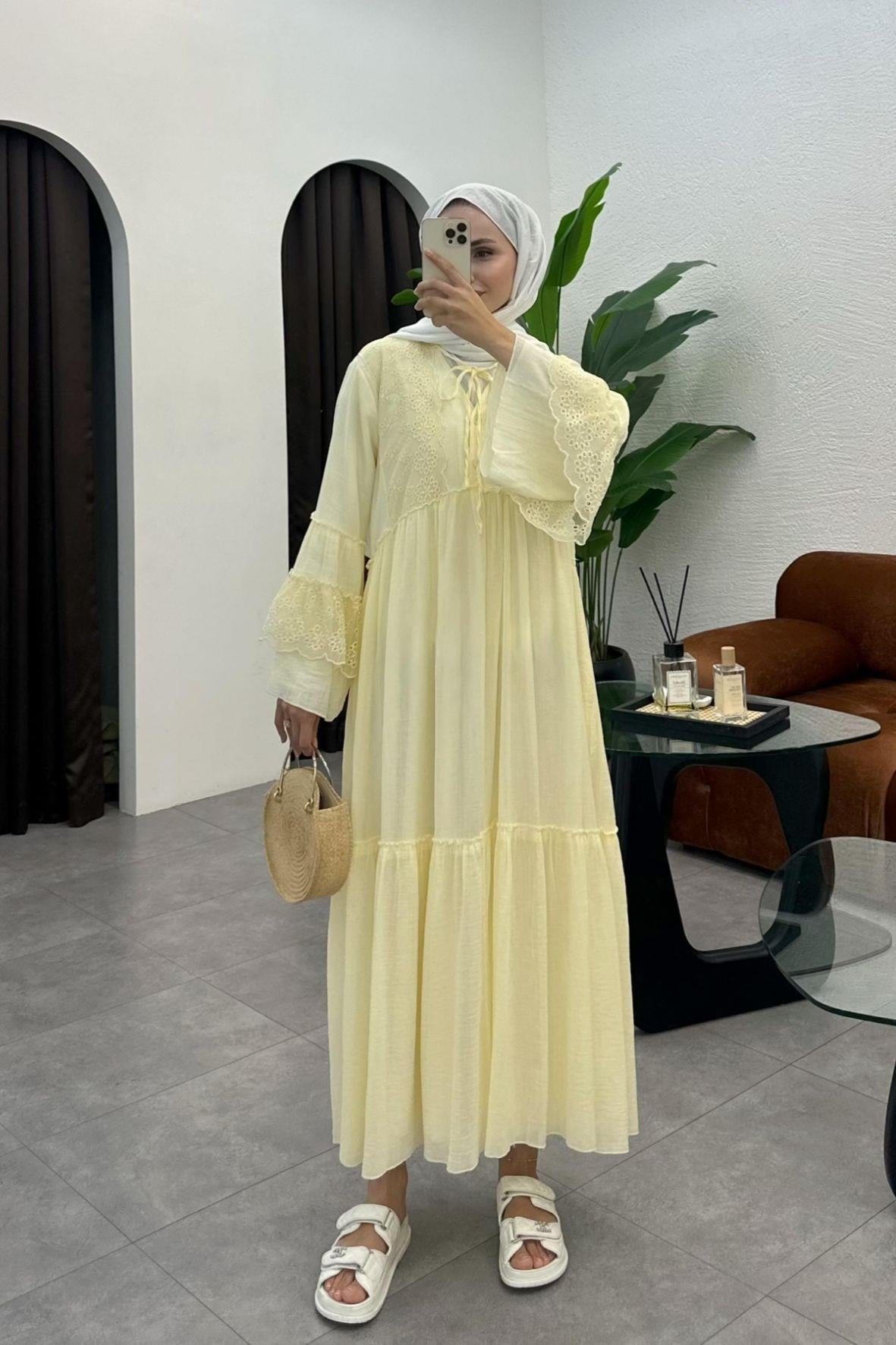 Monila Dantel Detaylı Premium Elbise-Yellow