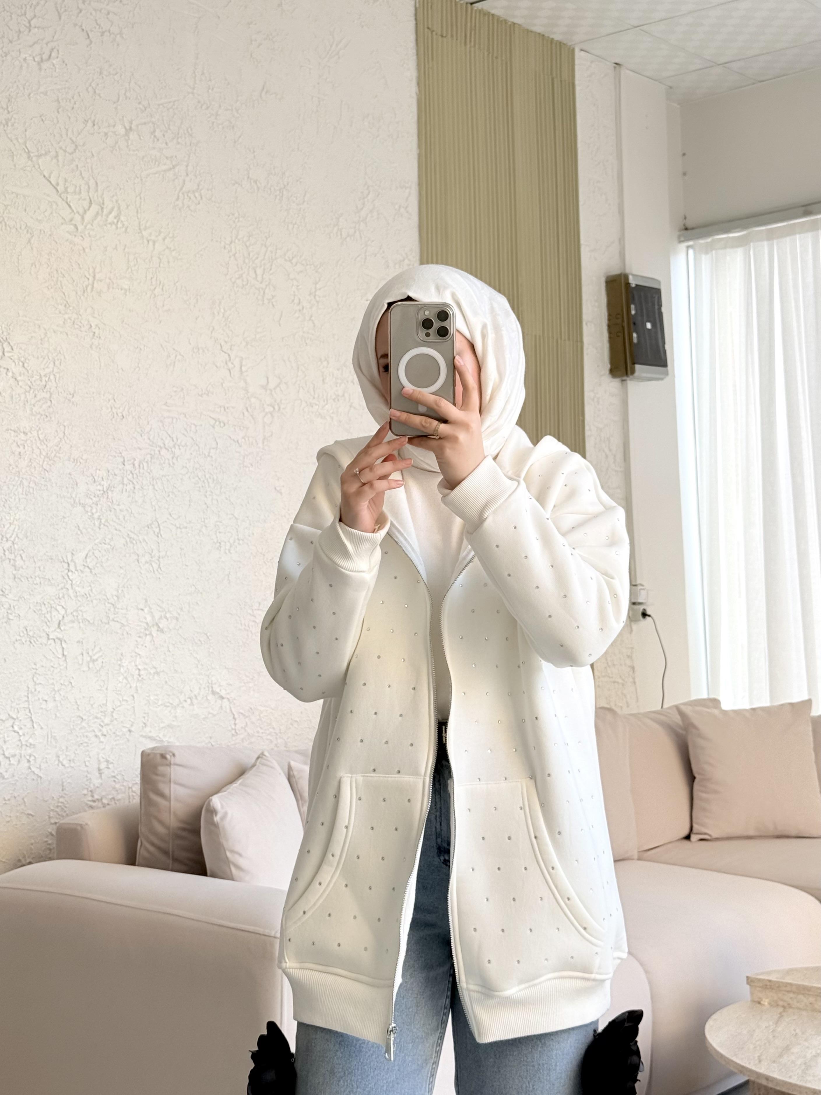 Zra model full taşlı kapüşonlu sweat-beyaz - vakronline