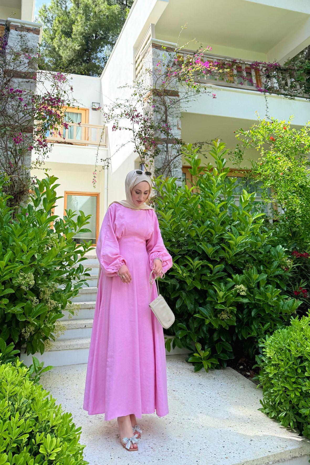 Caren reglan kol pembe elbise - Vakronline