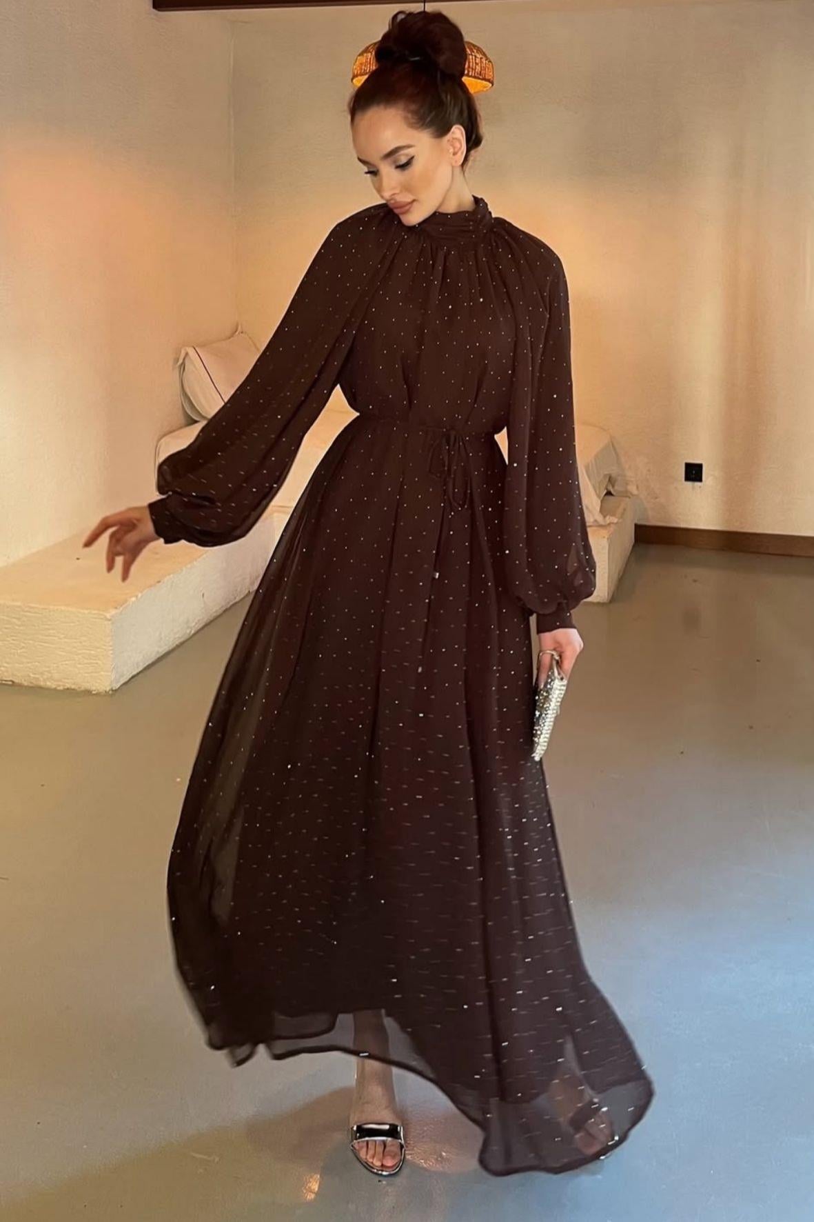 Glamour taşlı elbise-kahve - vakronline