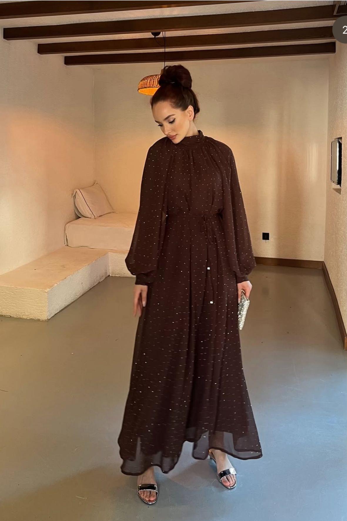 Glamour taşlı elbise-kahve - vakronline