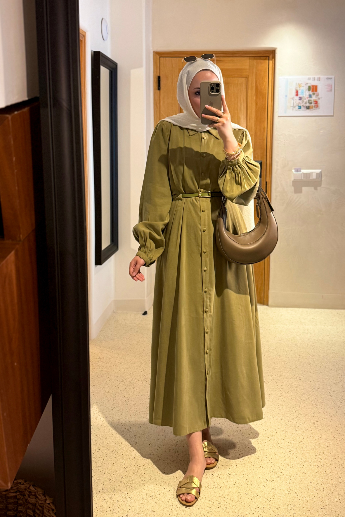 Premium kemerli elbise olive - Vakronline