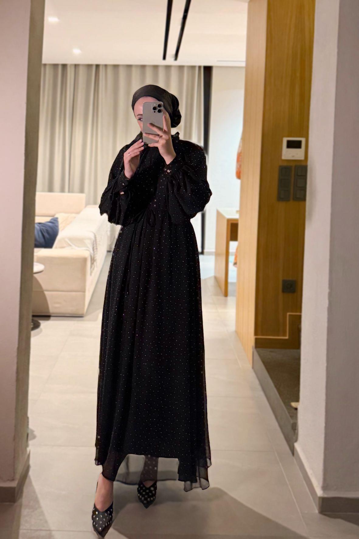Glamour taşlı elbise-siyah - vakronline