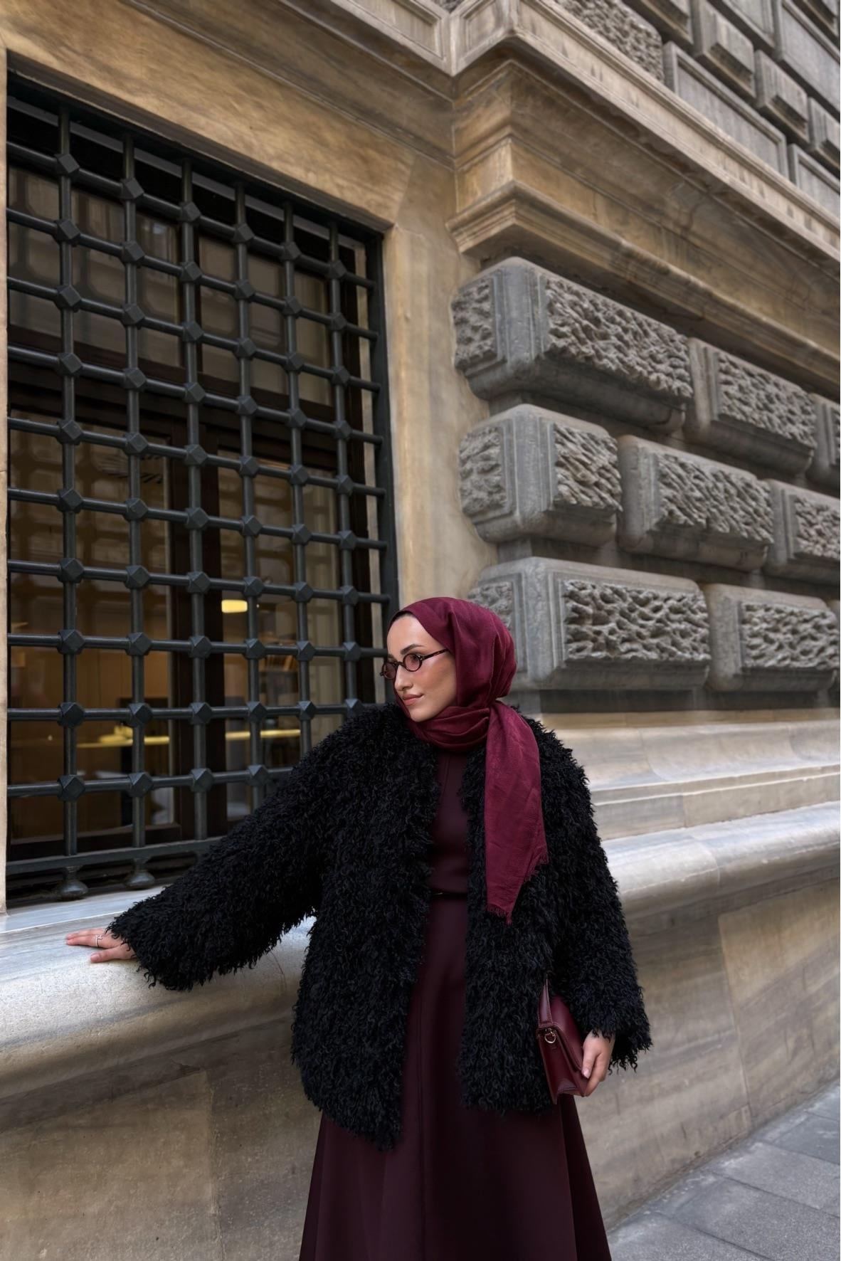 Tesettür Curly Tasarım Kürk -Siyah