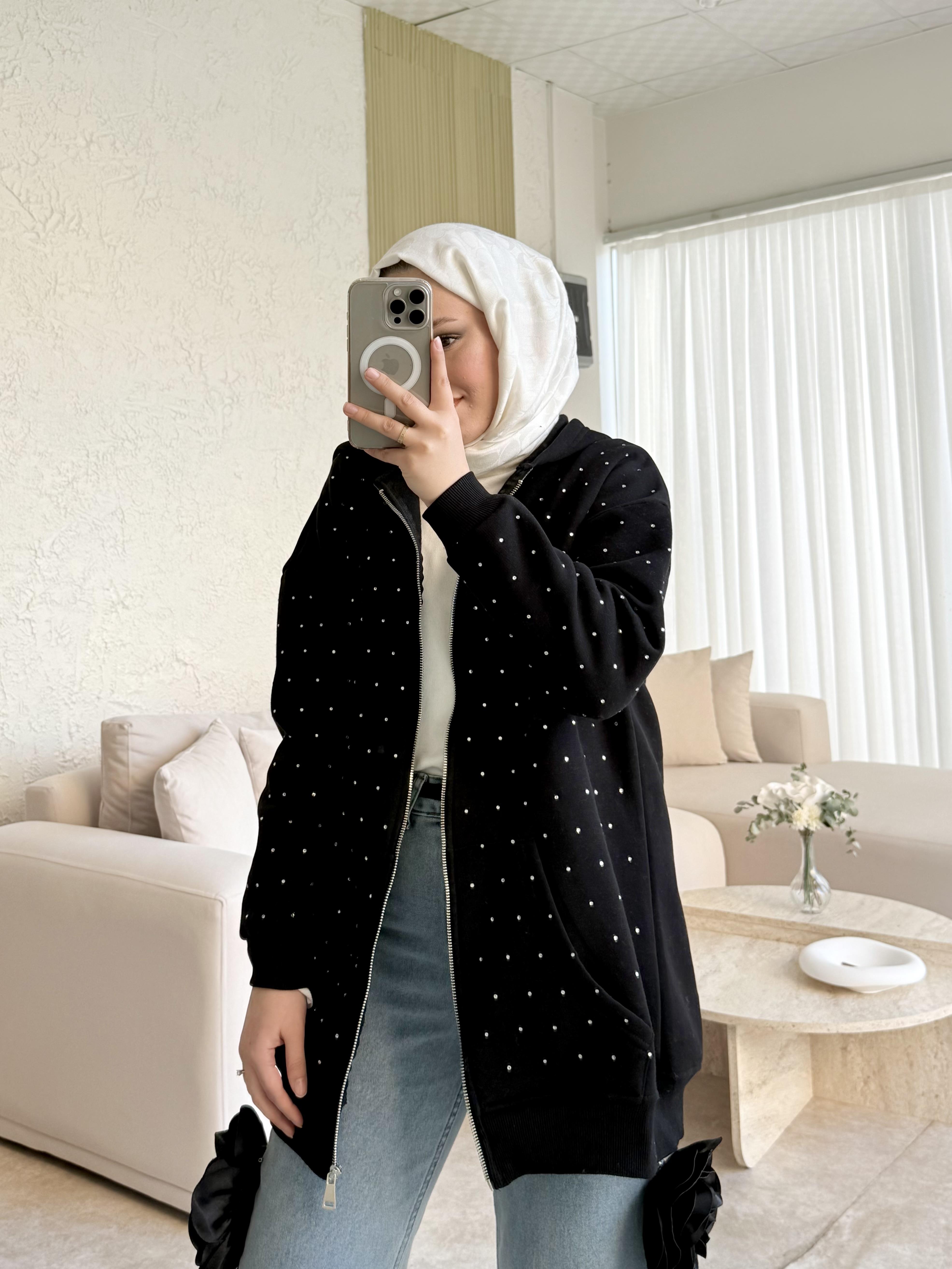 Zra model full taşlı kapüşonlu sweat-siyah - vakronline