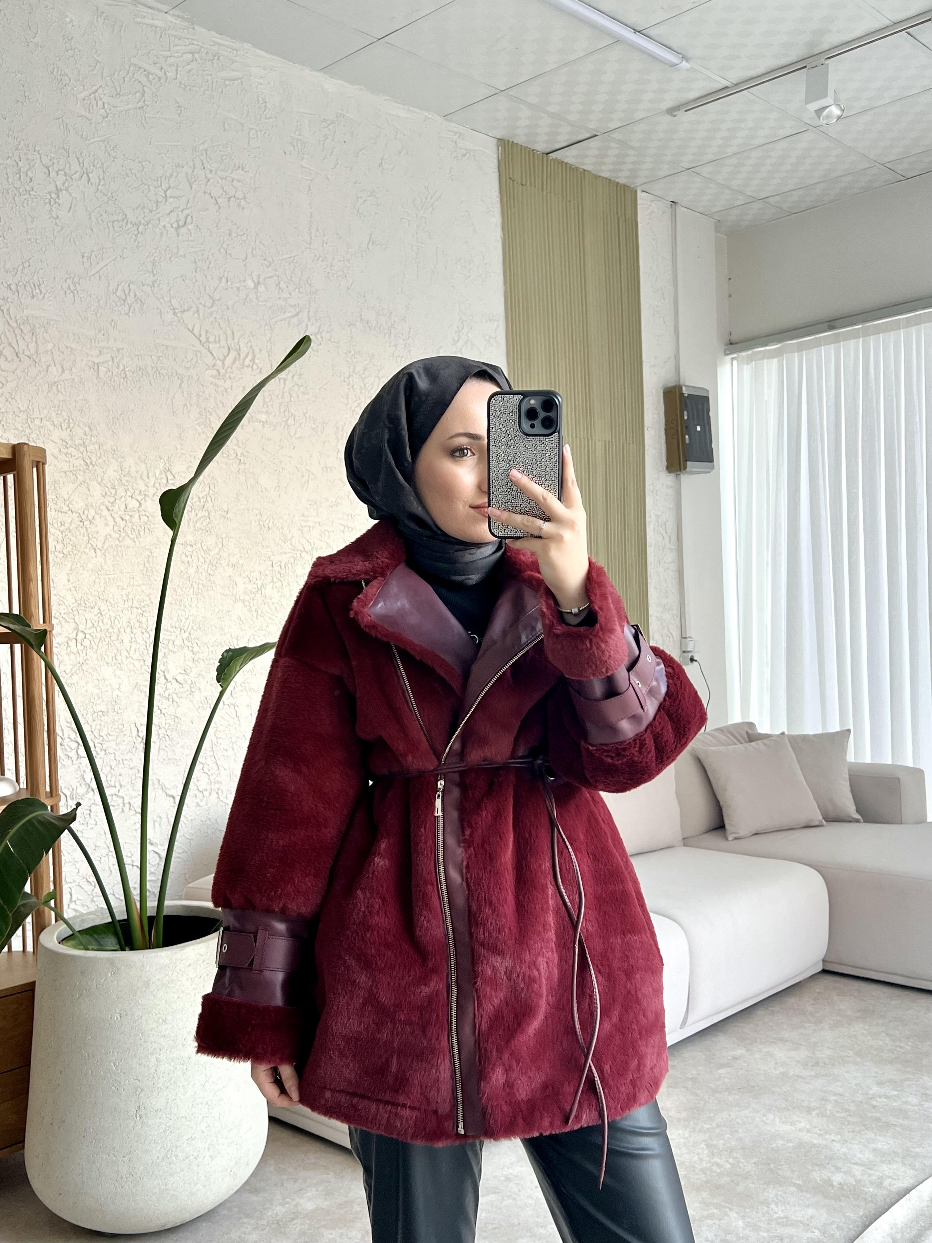 Zra muadi̇l kürklü ceket kaban -bordo - vakronline