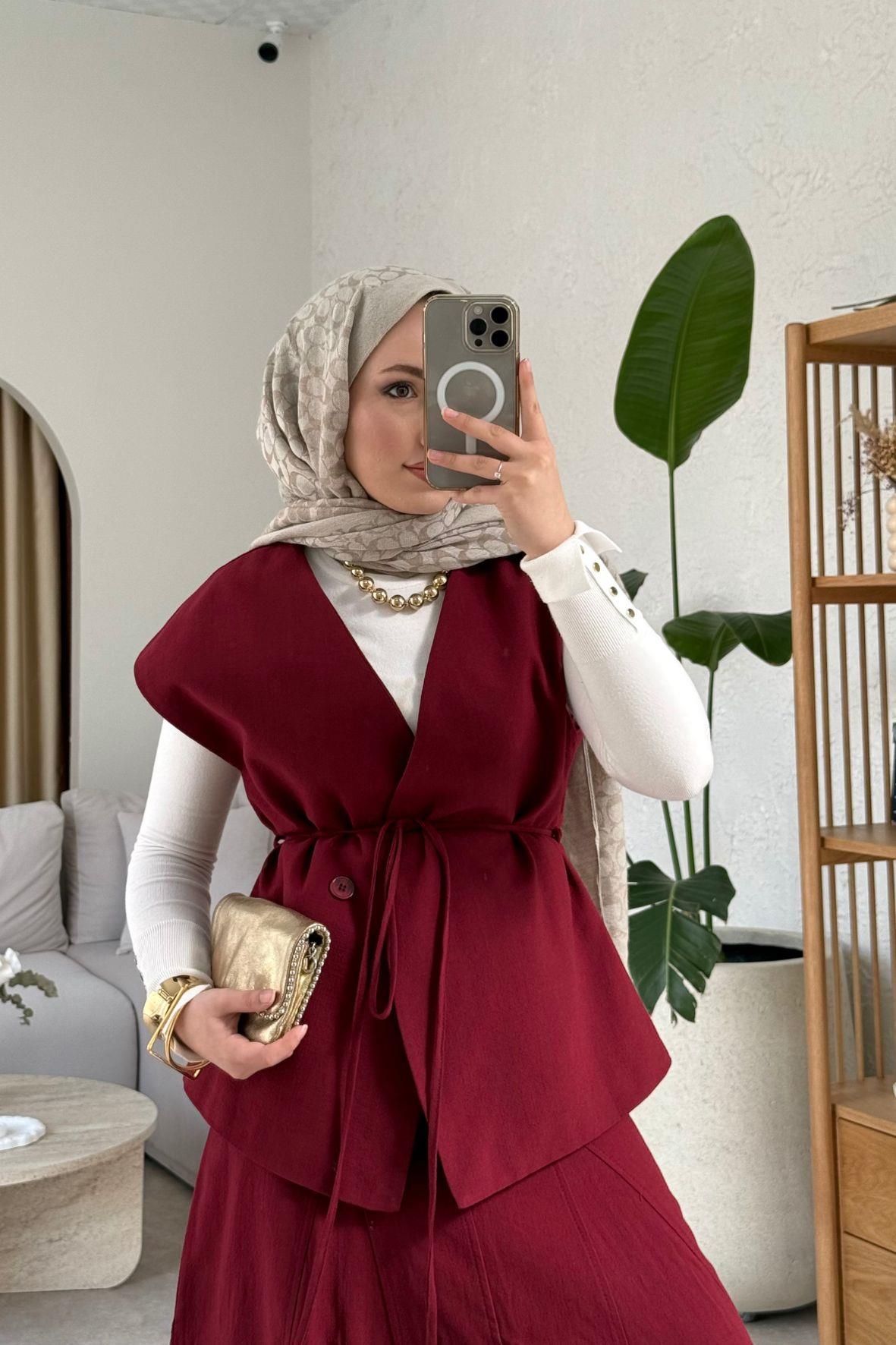 Lavinya keten etekli takım-bordo - vakronline