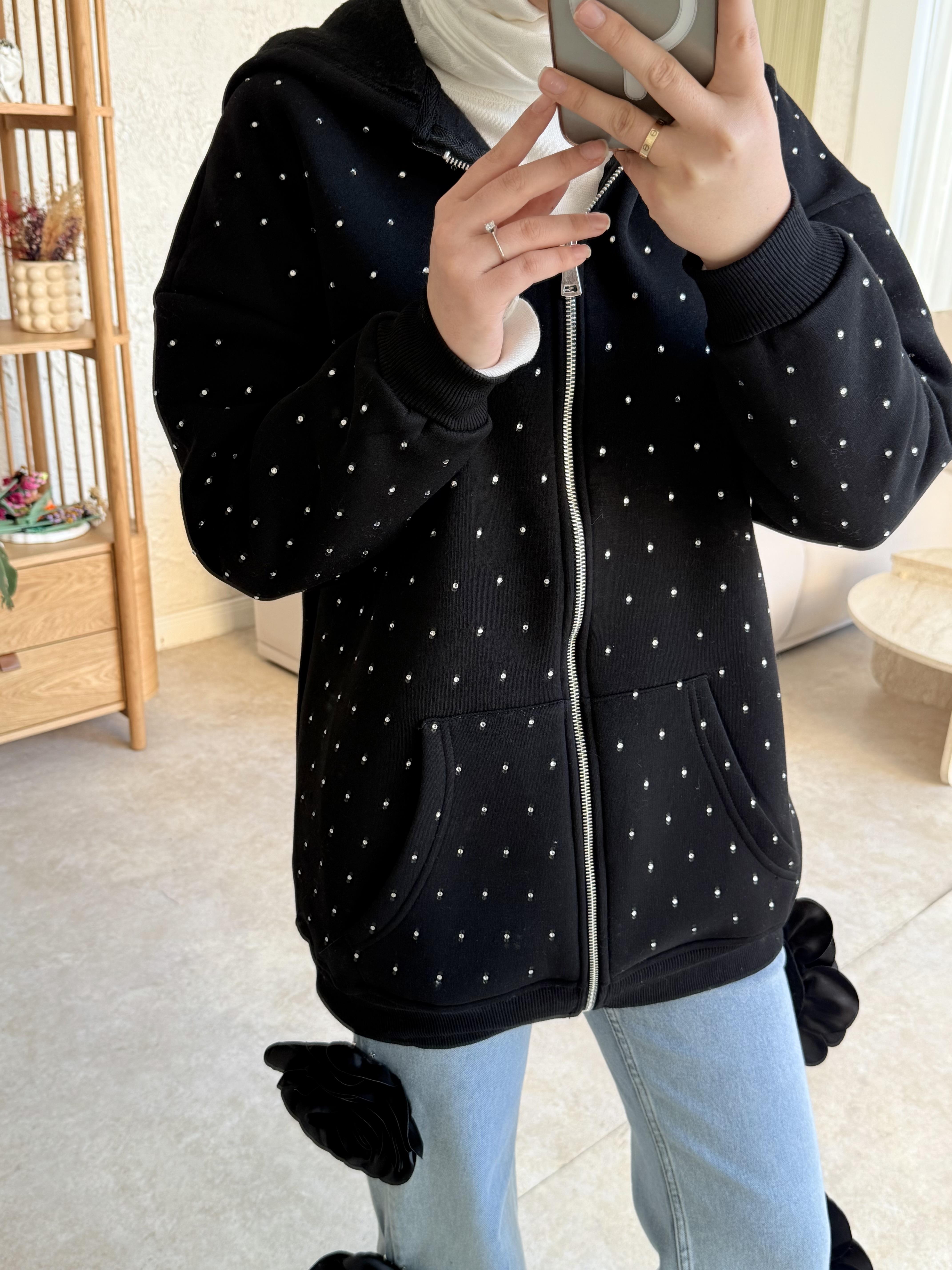 Zra model full taşlı kapüşonlu sweat-siyah - vakronline