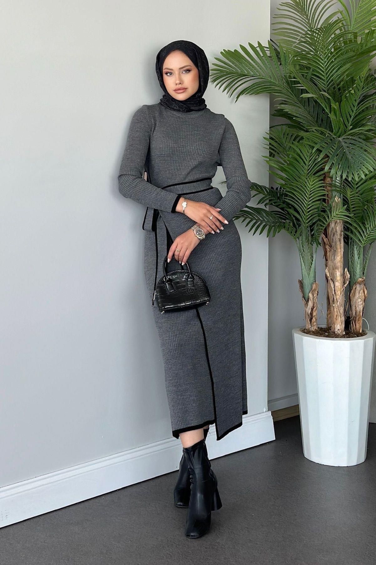 Triko elbise-gri - vakronline