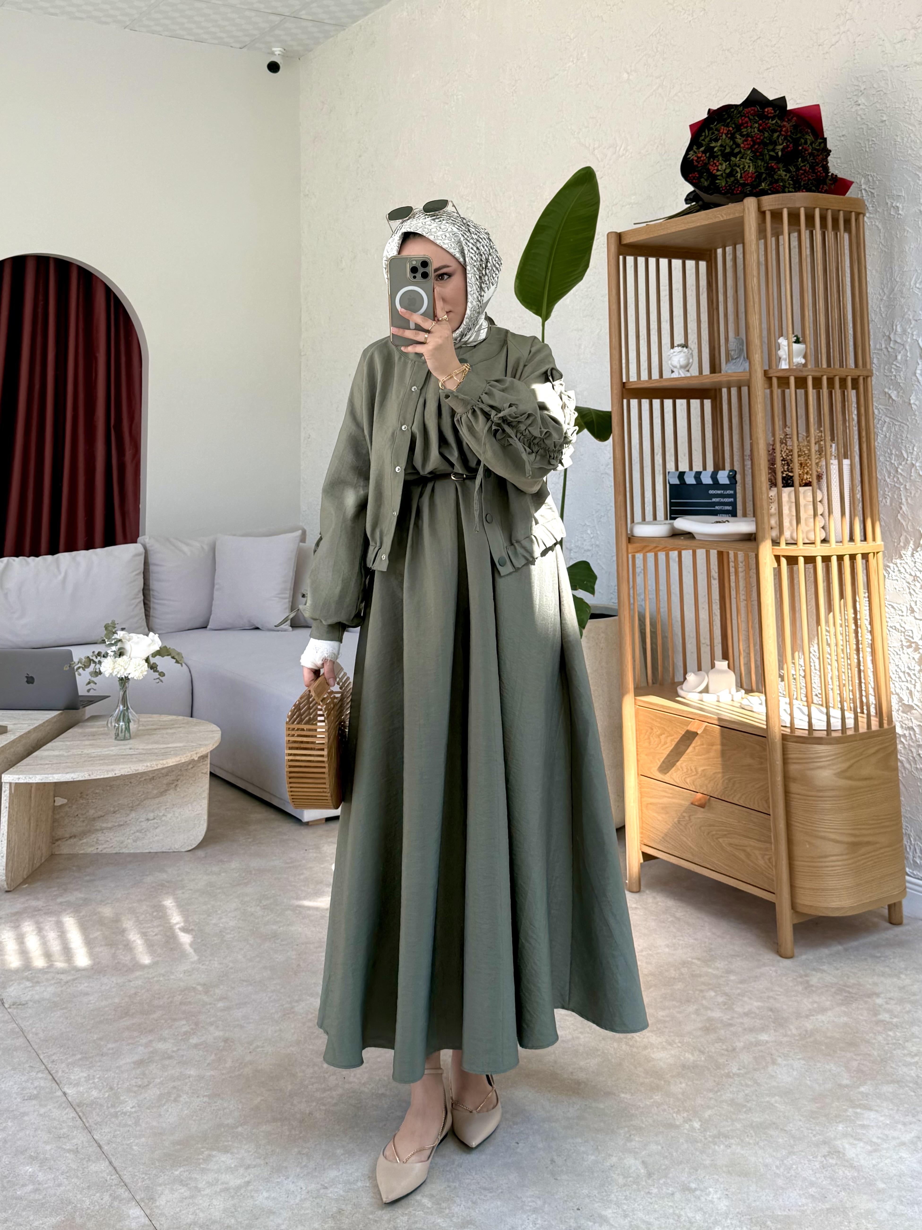 Lizya ceketli elbise-haki - vakronline