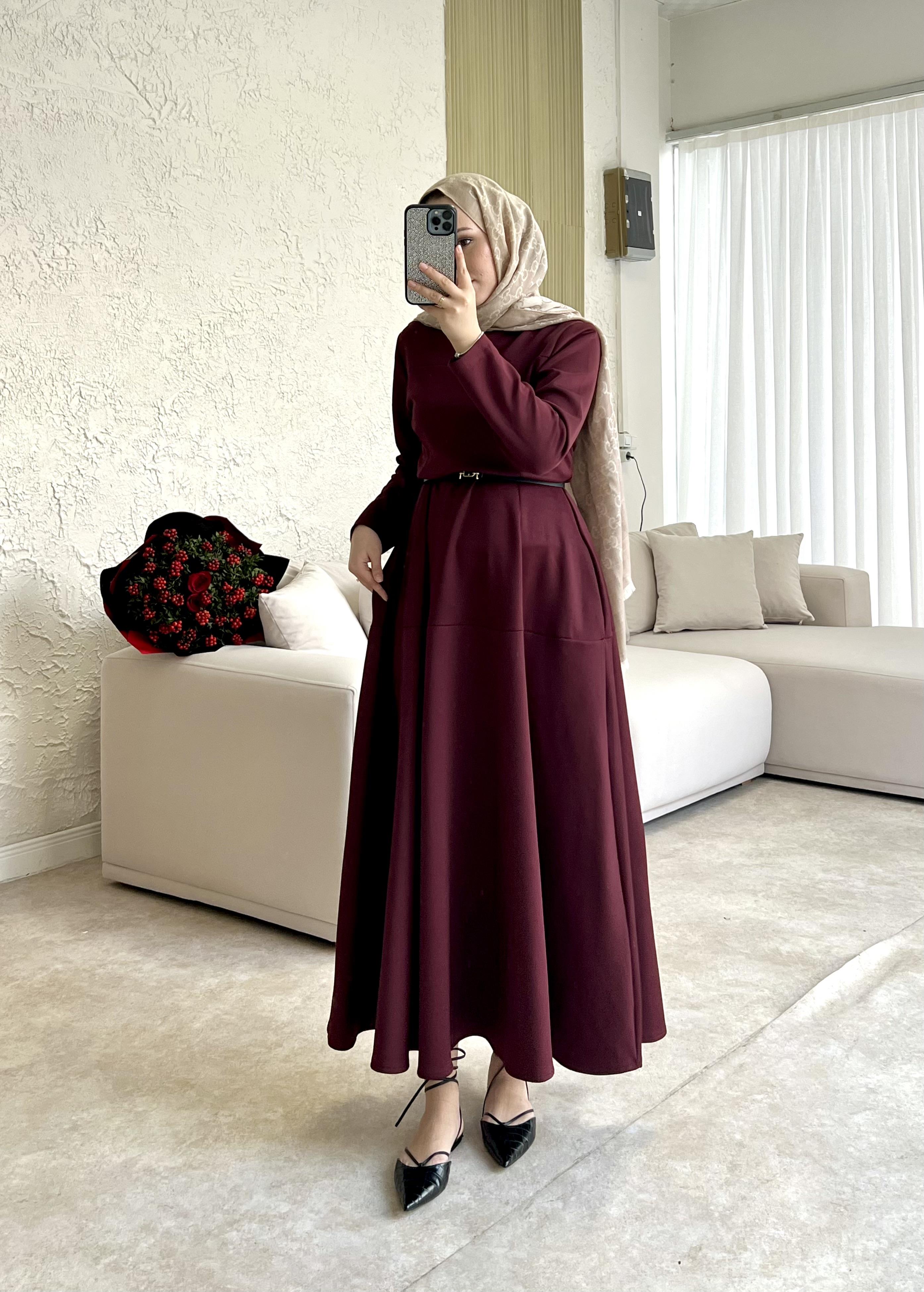 Dara kemerli scuba elbise-bordo - vakronline