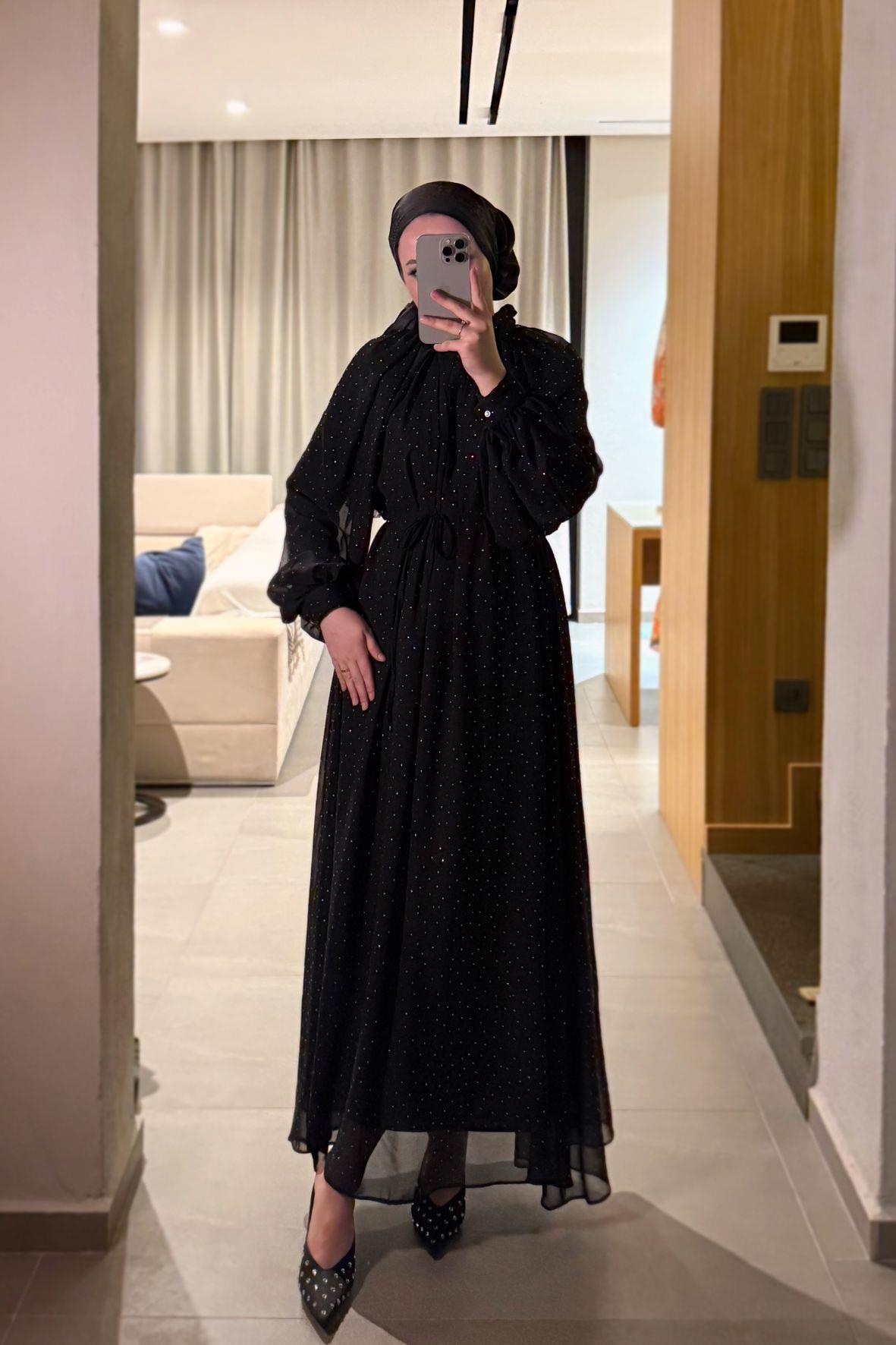 Glamour taşlı elbise-siyah - vakronline