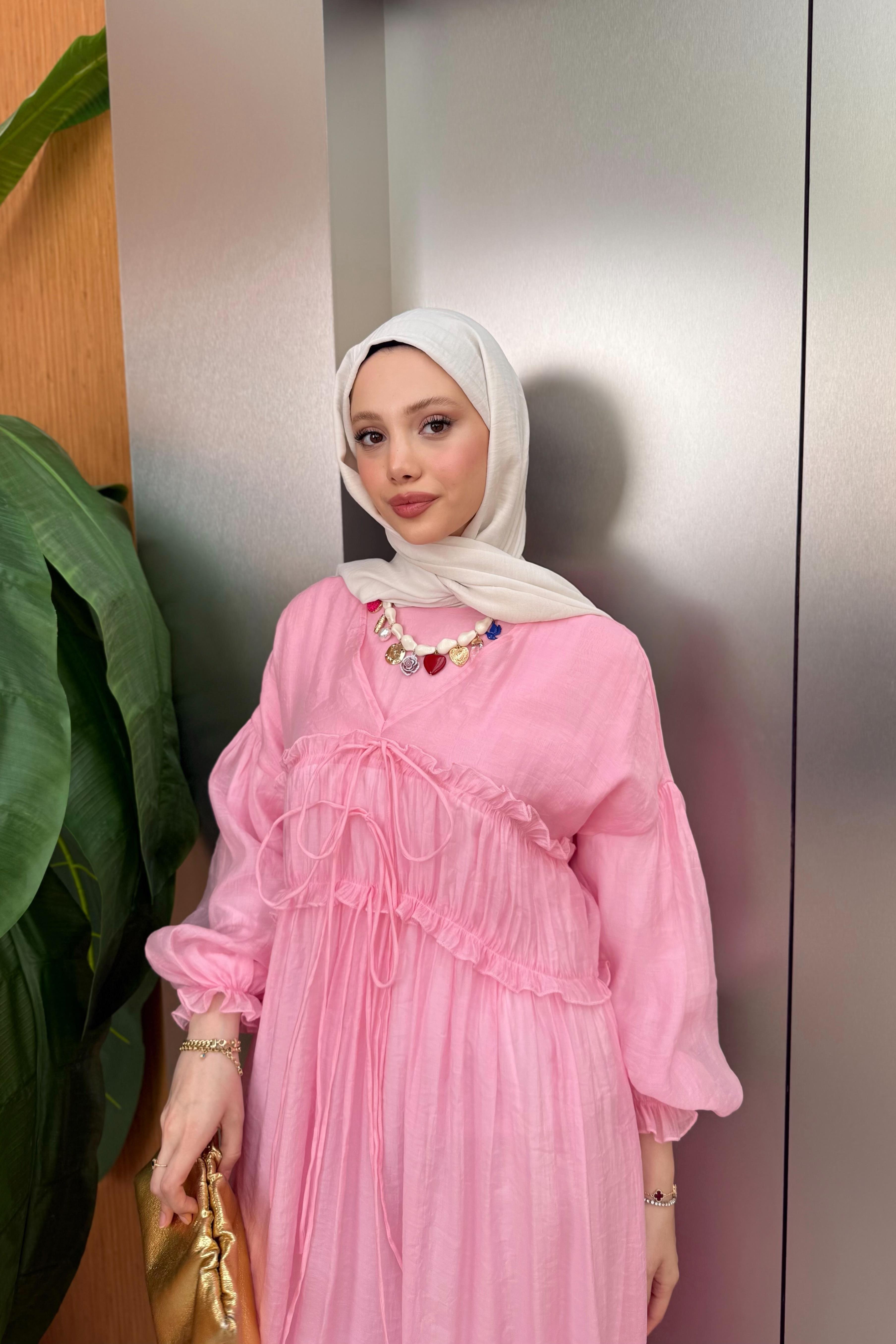 tesettür Brice Özel Seri Bağlamalı Elbise-pink