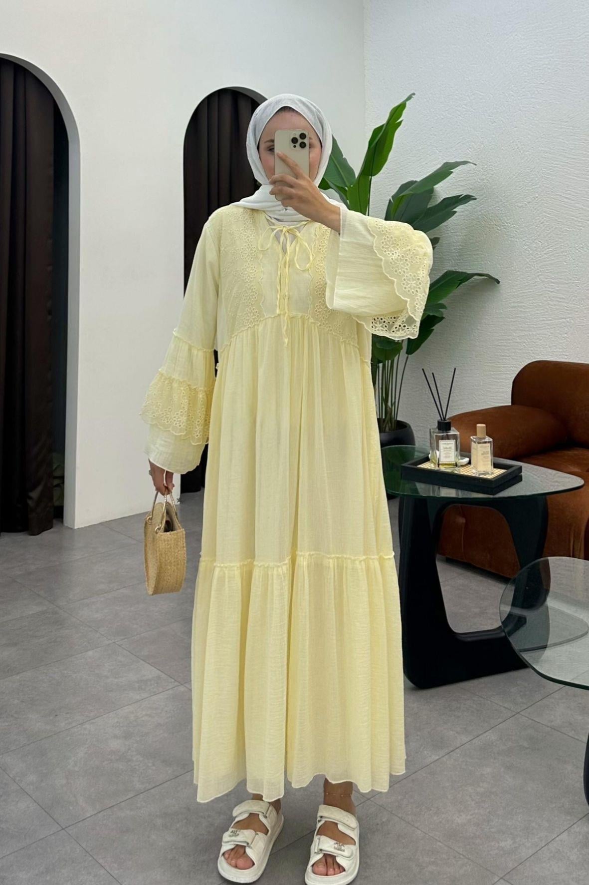 Monila Dantel Detaylı Premium Elbise-Yellow