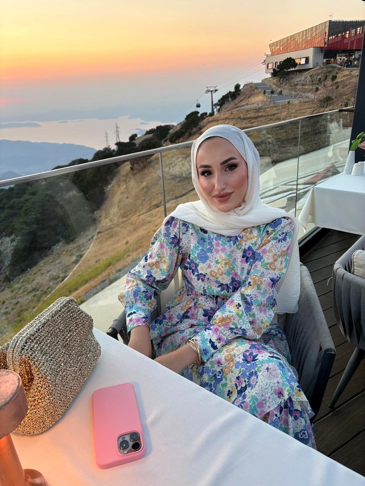 Alessa Kemerli Çiçek Desenli Keten Elbise - Mavi