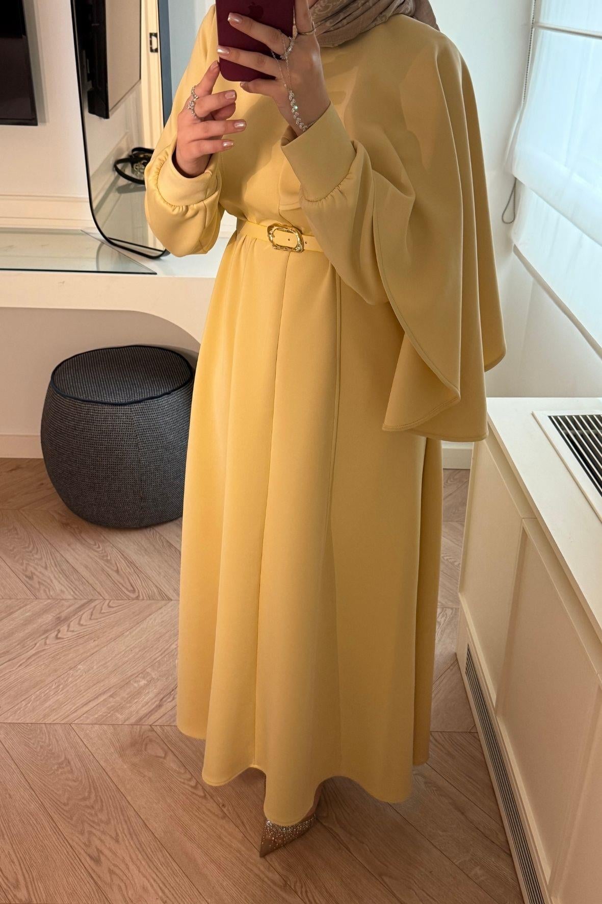 Amelie Şal Yaka Scuba Elbise-Butter yellow