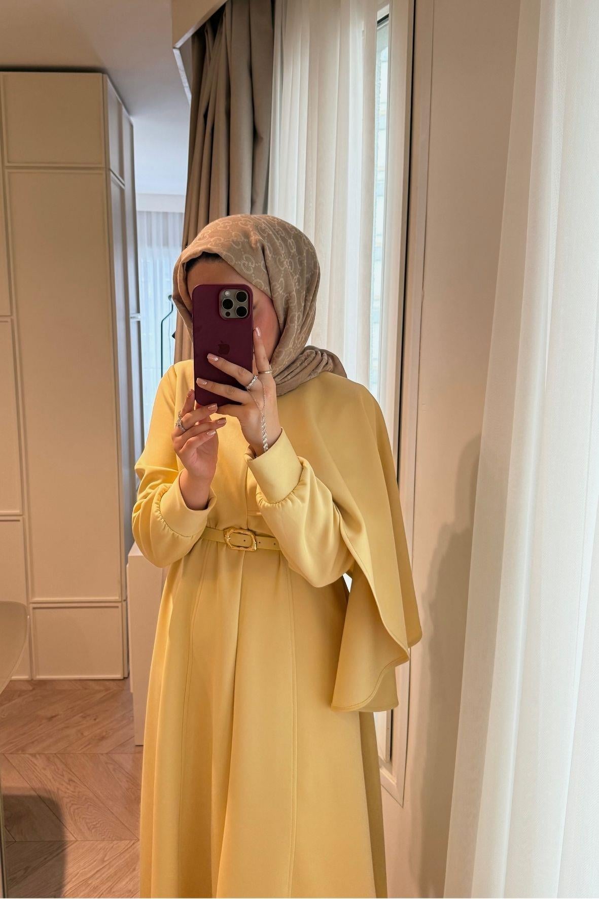 Amelie Şal Yaka Scuba Elbise-Butter yellow