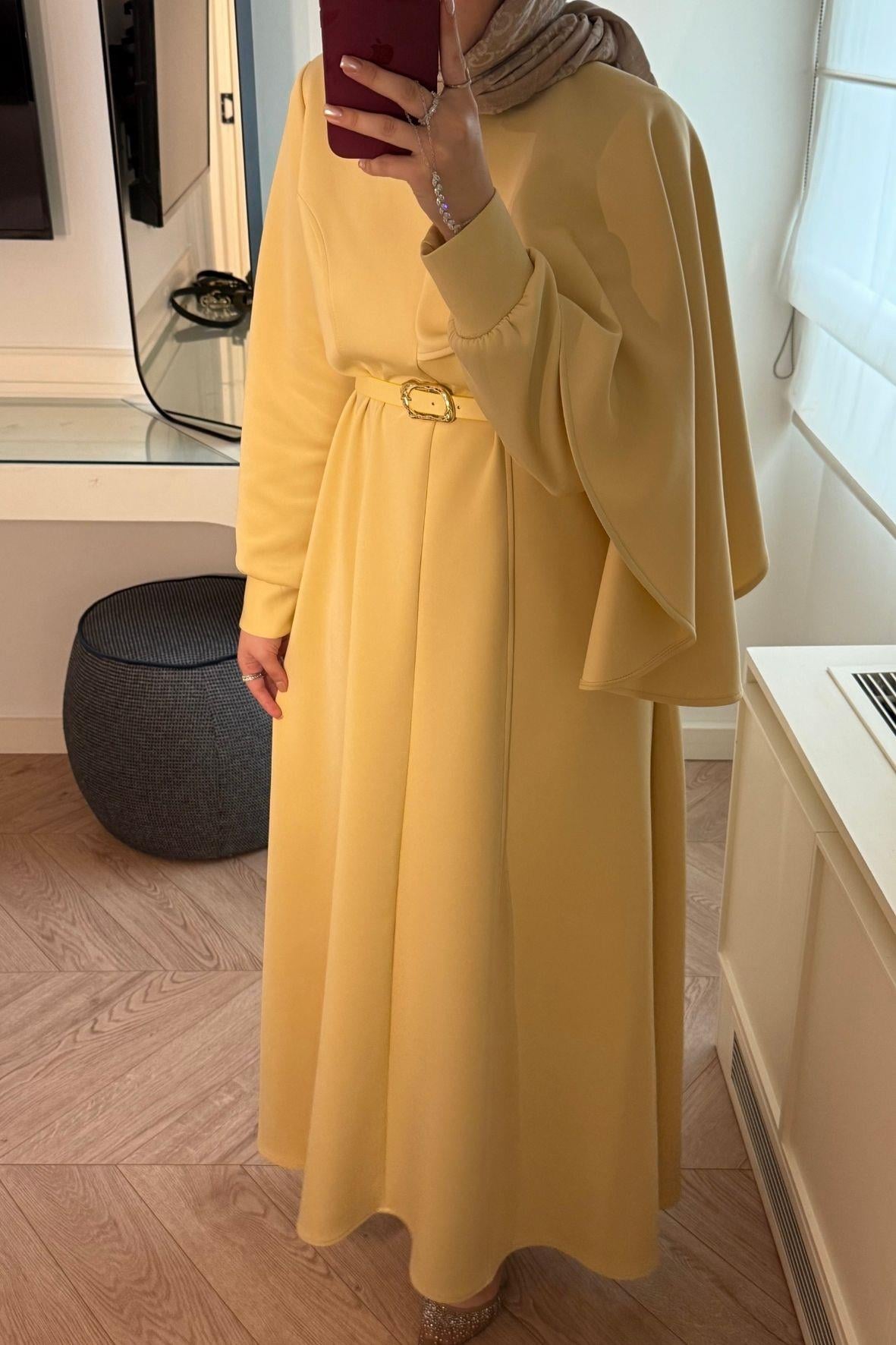 Amelie Şal Yaka Scuba Elbise-Butter yellow