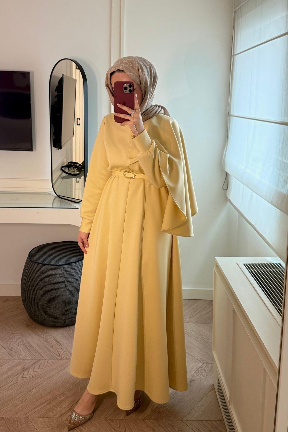 Amelie Şal Yaka Scuba Elbise-Butter yellow