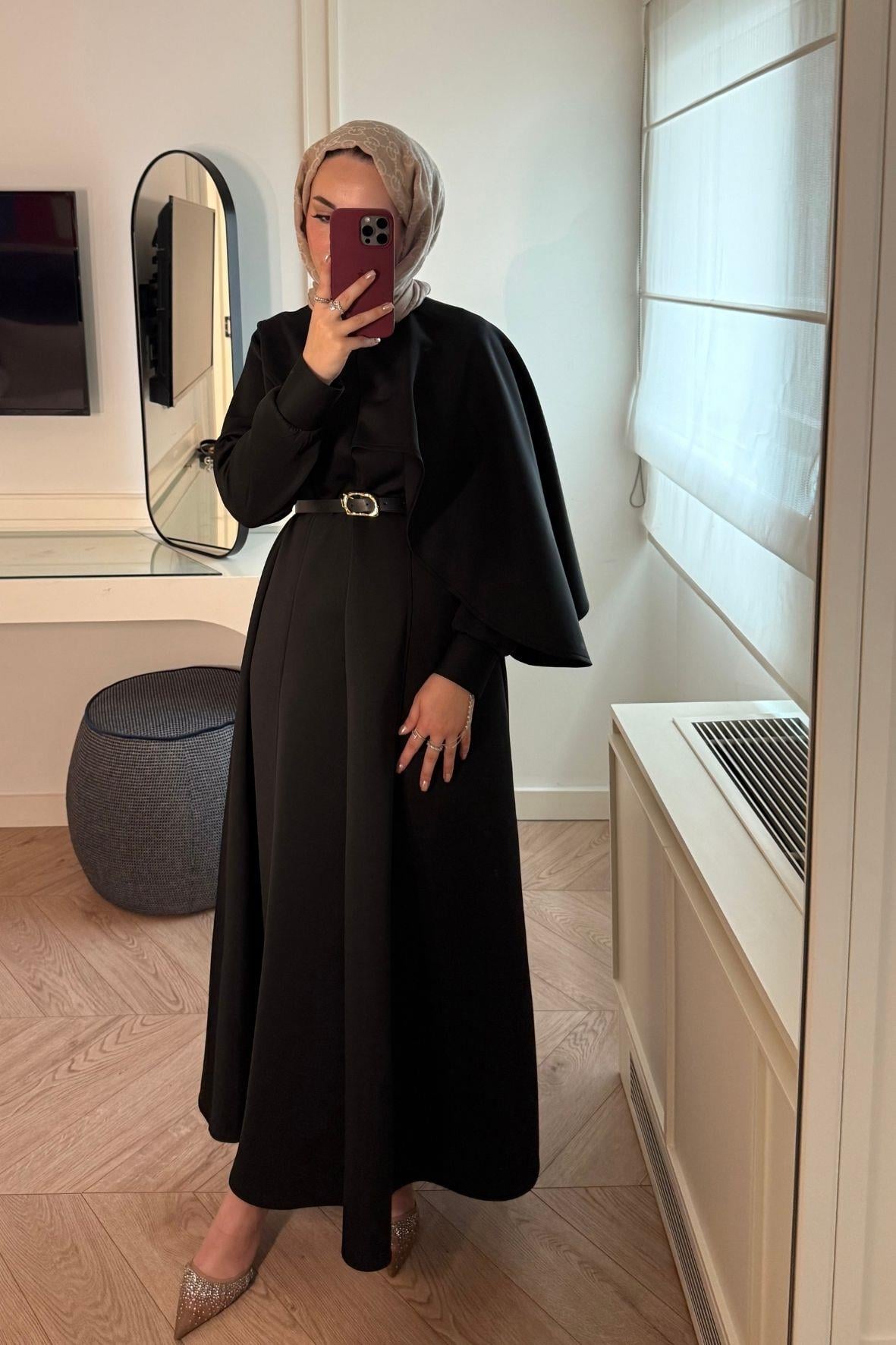 Amelie Şal Yaka Scuba Elbise-Siyah