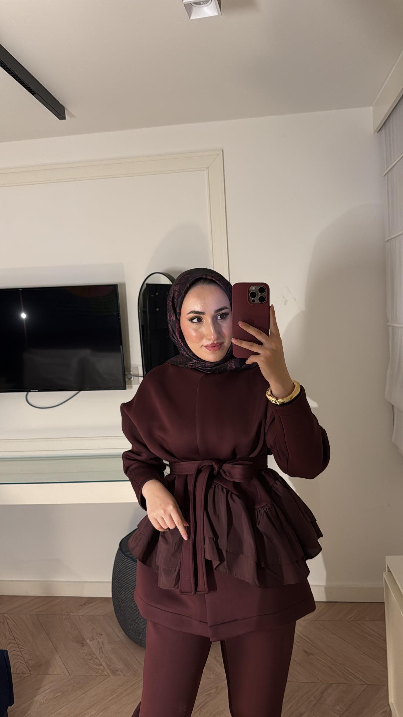 Arine Puf Pantolonlu Takım-bordo